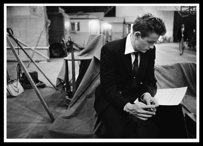 james-dean-reading-on-the-set-of-rebel-without-a-cause-1955-framed-print-28-x-38